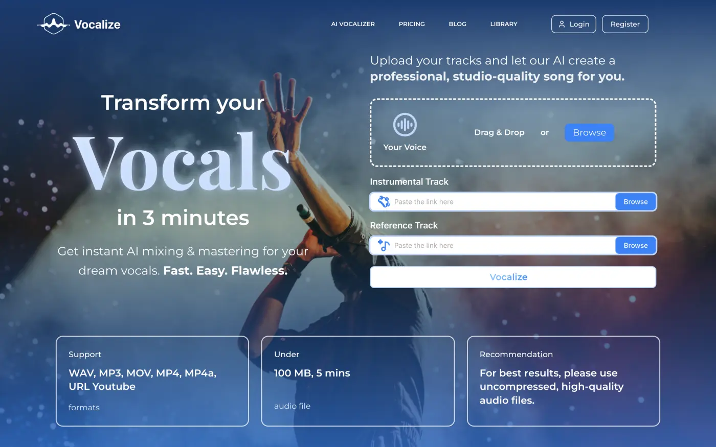 Vocalize upload screen: vocal, instrumental and reference track in